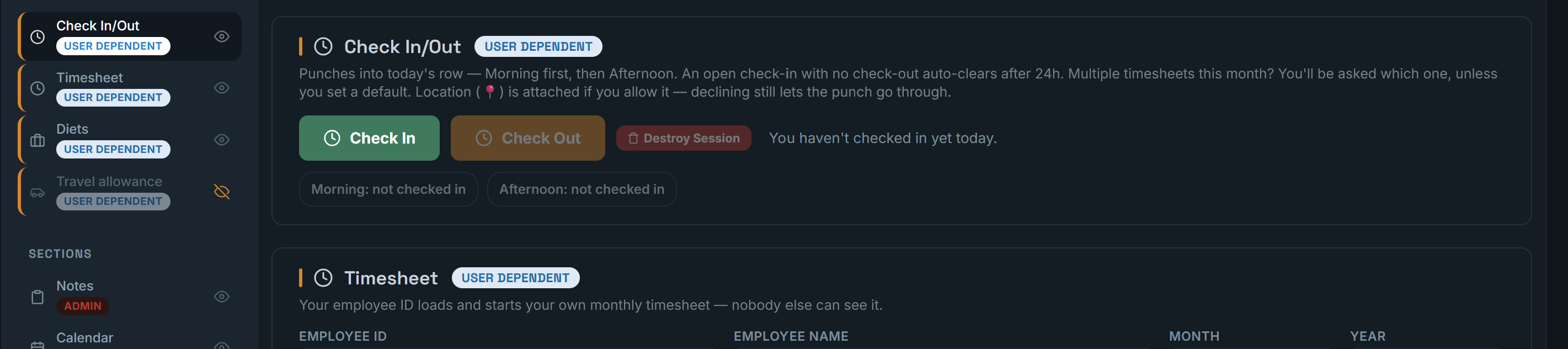 WESO.systems timesheets and GPS check-in preview